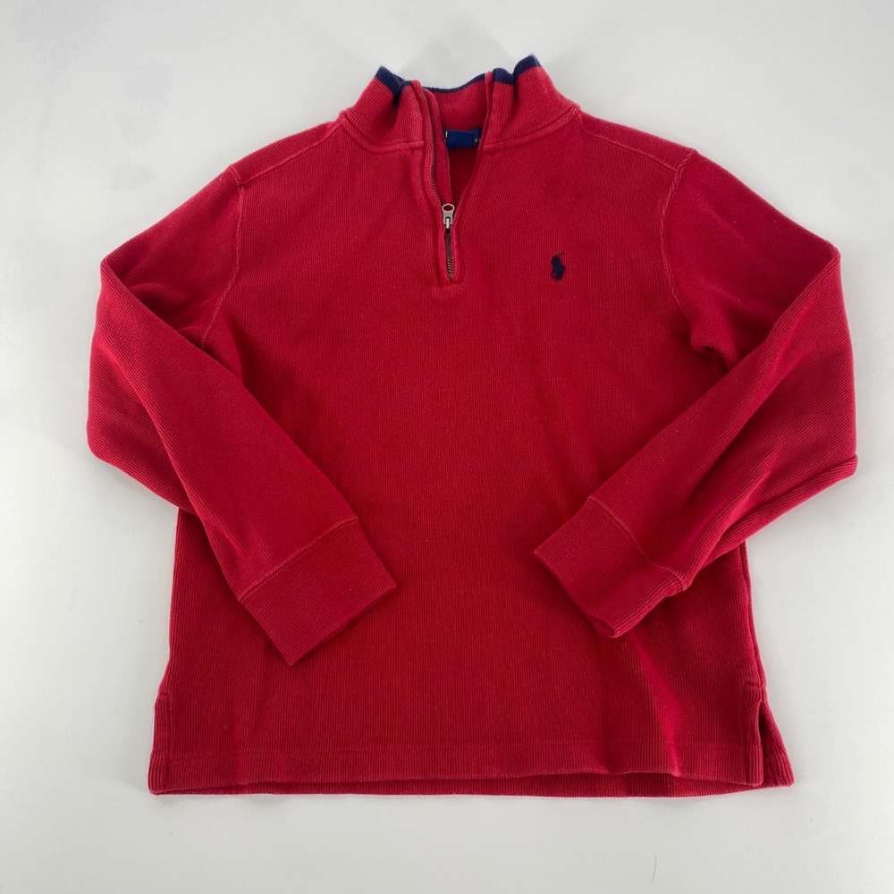 Kids Polo Ralph Lauren Red Quarter Zip Sweater Size M 10-12 Waffle Knit